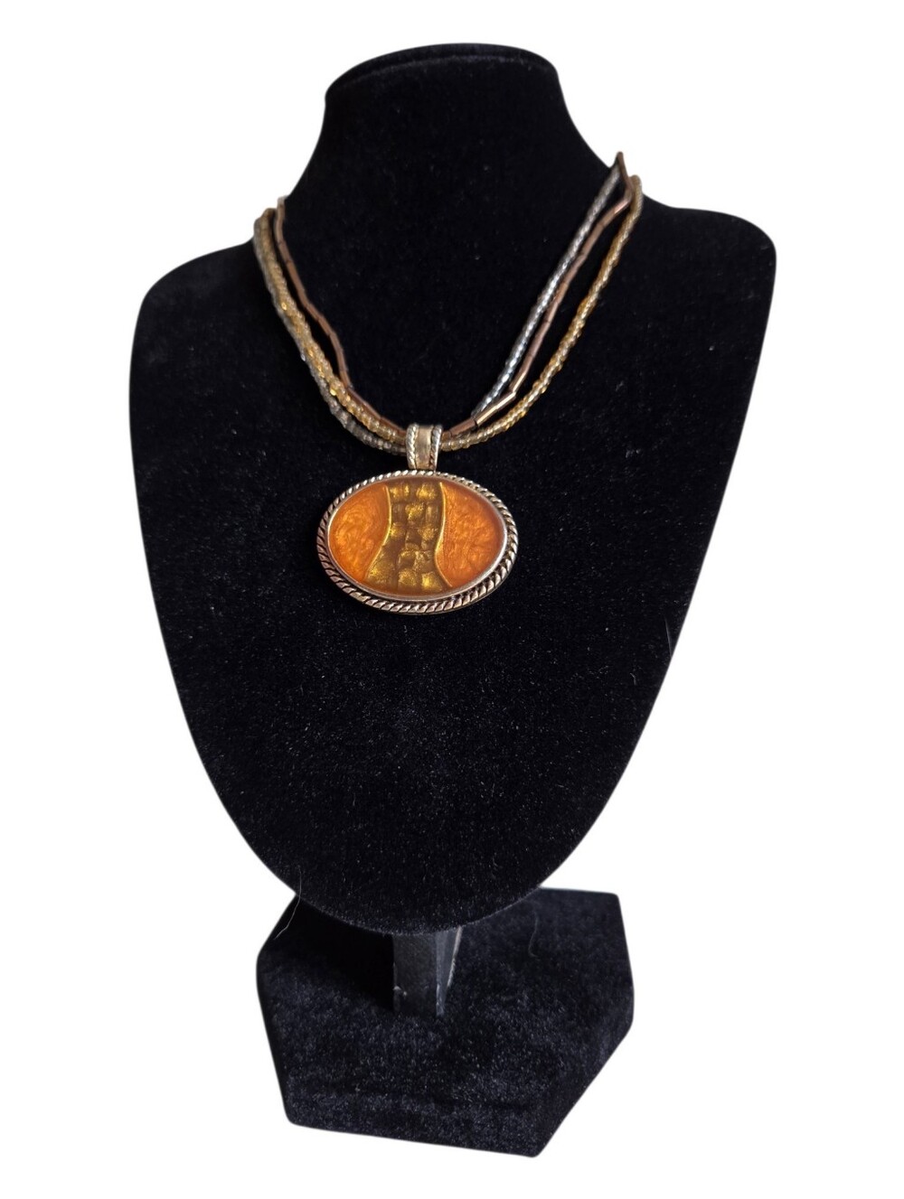 vintage kenneth cole amber swirl enamel oval pendant multi strand bead necklace